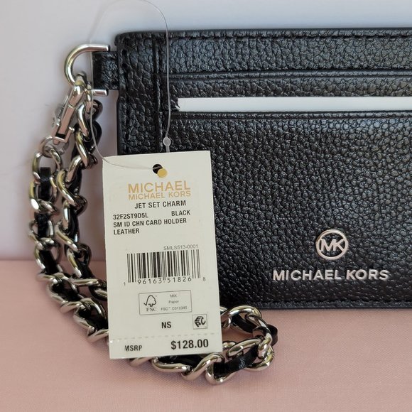 MICHAEL KORS Jet Set Small ID Pebbled Leather Chain Card Holder Case- Black⭐ - Picture 16 of 16